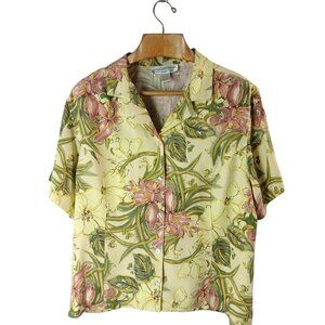 Vintage Pineapple Moon Womens XXL Yellow Hawaiian Silk Shirt Floral Button Up